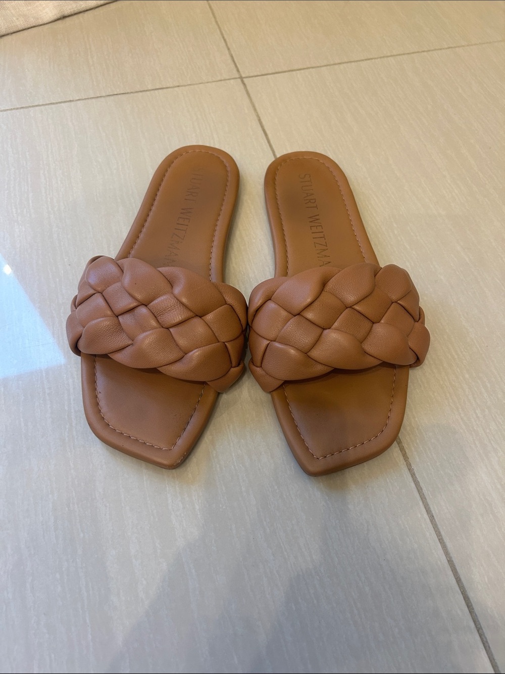 Stuart Weitzman Braided Cognac Leather Slide Sandals